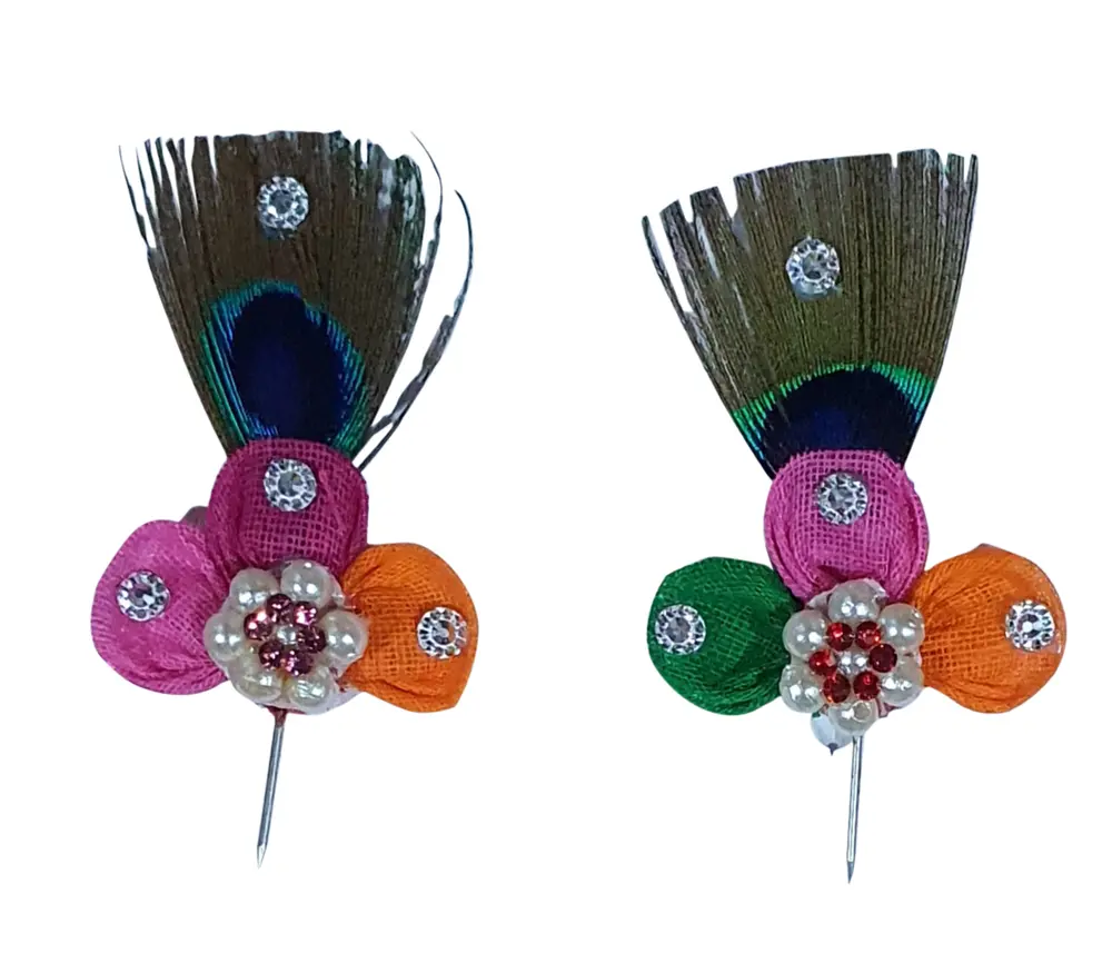 Deity Crown Decorative Pins with Peacock Feather, Diamond & Pearls