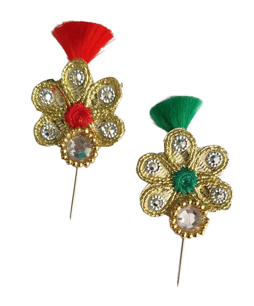 Deity Crown Decorative Pins with Circular Peacock Feather, Golden Pearls & Diamonds