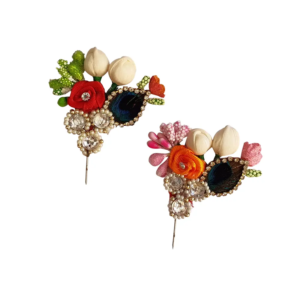 Deity Crown Decorative Pins with Peacock Feather, Big Diamonds, Flower and Buds