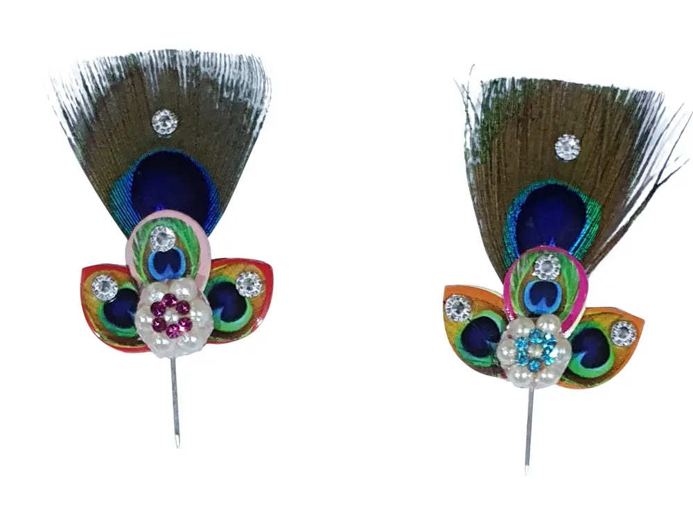 Deity Crown Decorative Pins with Big and Small Peacock Feather, Diamond and Pearls