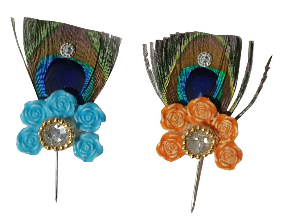 Deity Crown Decorative Pins with Circular Peacock Feather, Golden Pearls & Diamonds