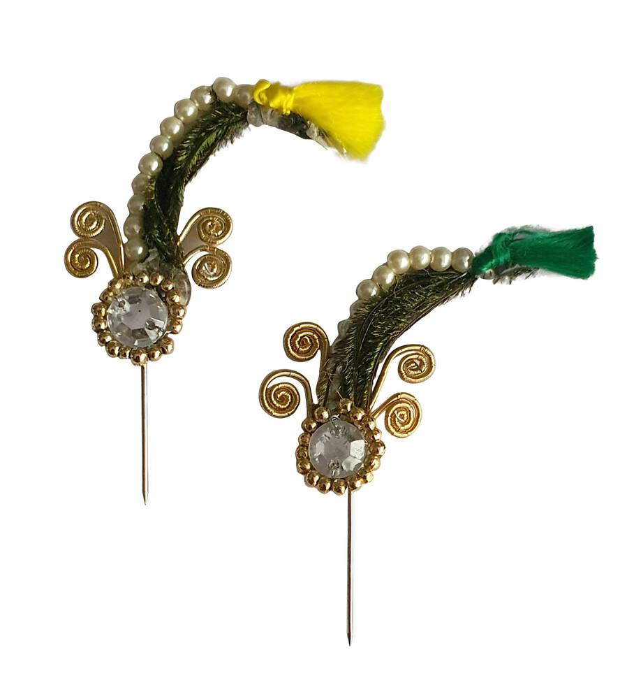 Deity Crown Decorative Pins with Circular Peacock Feather, Golden Pearls & Diamonds