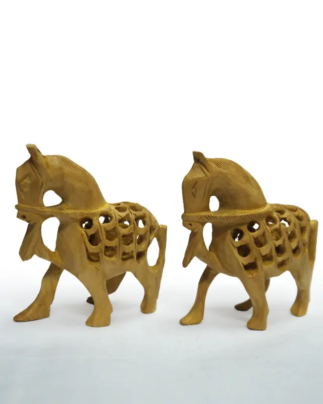 Hand-Carved Wood Horse Figures, Set of 2