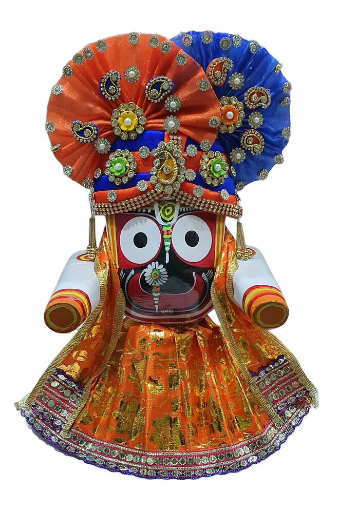 Jagannatha Crowns with Matching Dress - Yellow & Red Kerry, Flowers, Pearls & Diamonds (3 Crowns & Dresses)