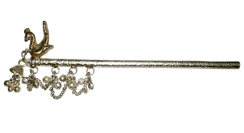 Krishna\'s Flute -- Silver Peacock With Hanging Bells (6\")