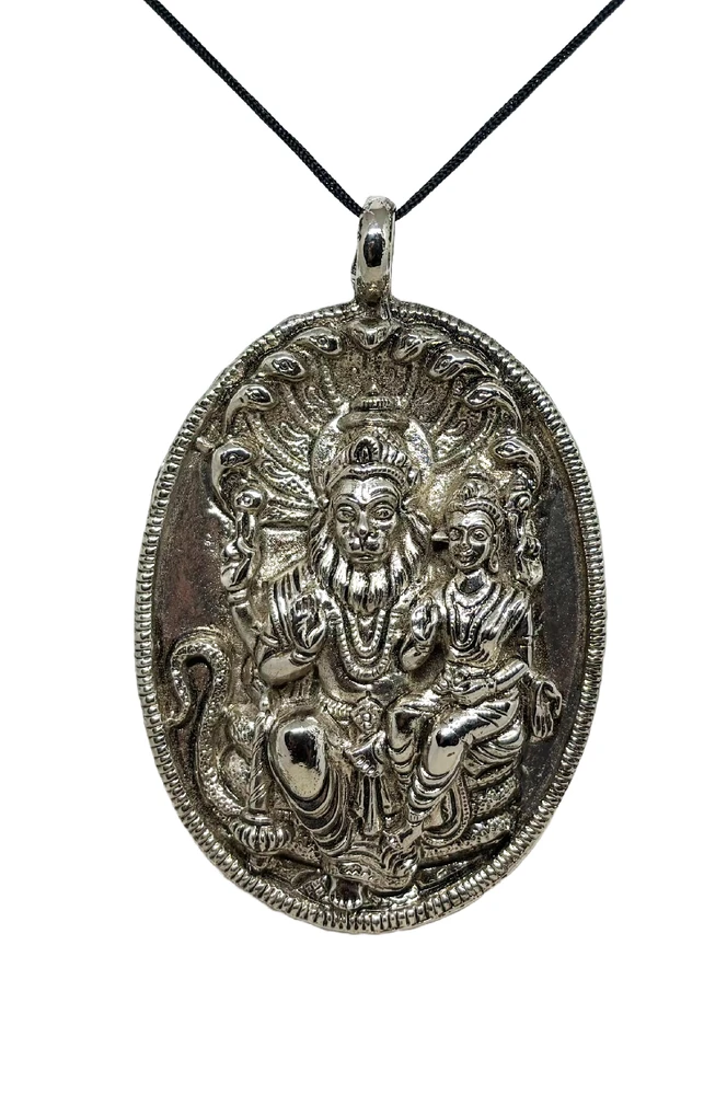 Lakshmi Narsimha Big White Metal Pendant with Black Thread