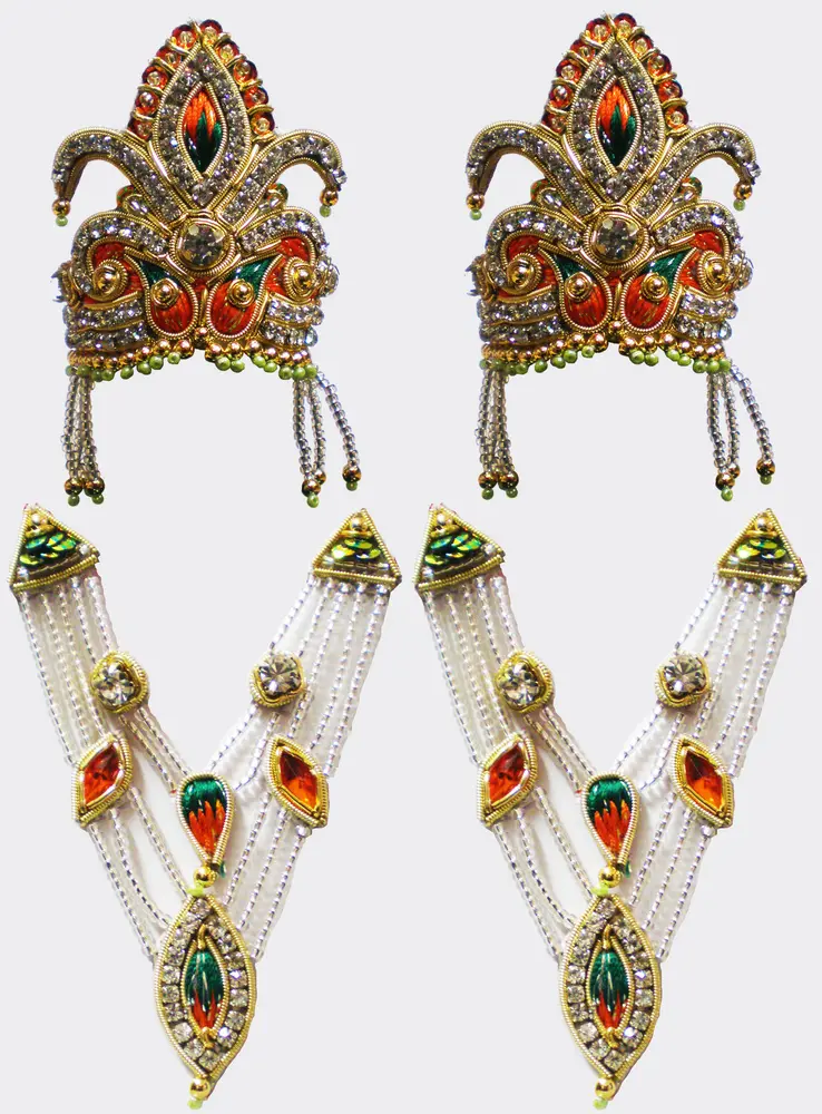 Crown and Necklace Set -- with green & red Thread Work & diamond / gold look (pair)
