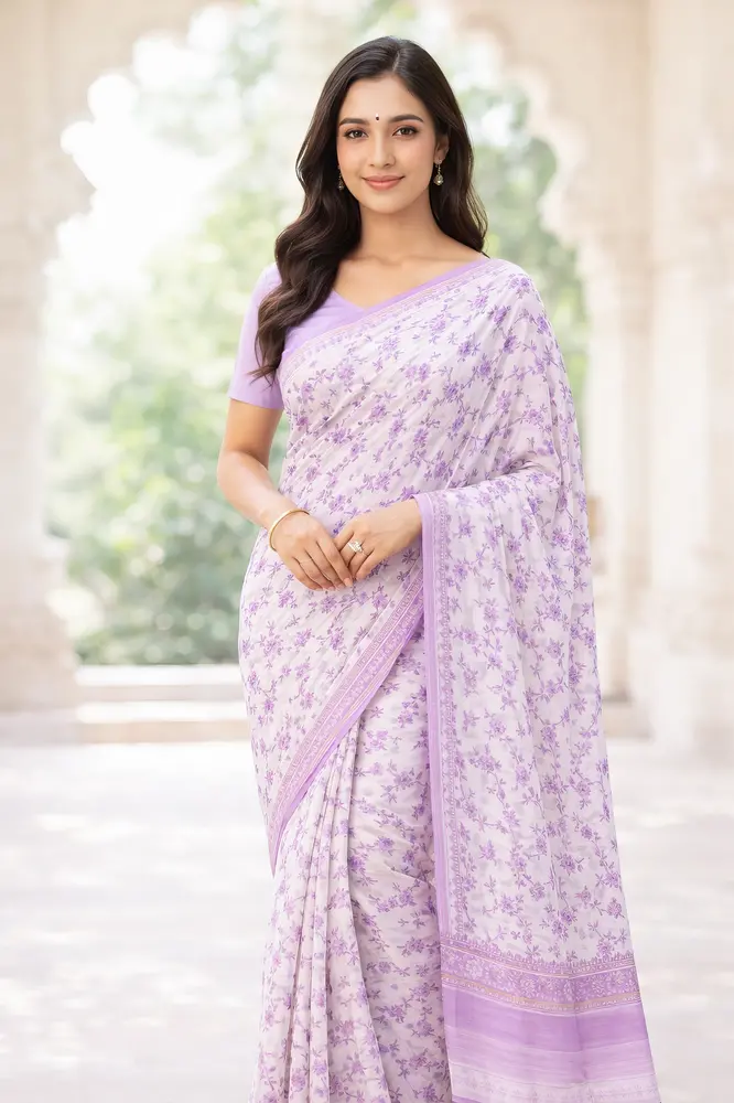 Sari, Cotton Printed -- Vrindavan Print Sari (Pastel colors on white background)
