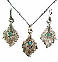 Peacock Feather Set - Pair of Earrings & Matching Pendant with Black Thread