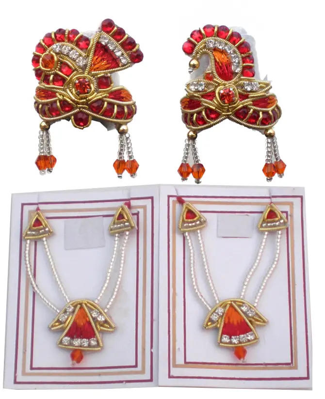 Radha Krishna Crown Necklace Set -- Red Orange Thread Diamond