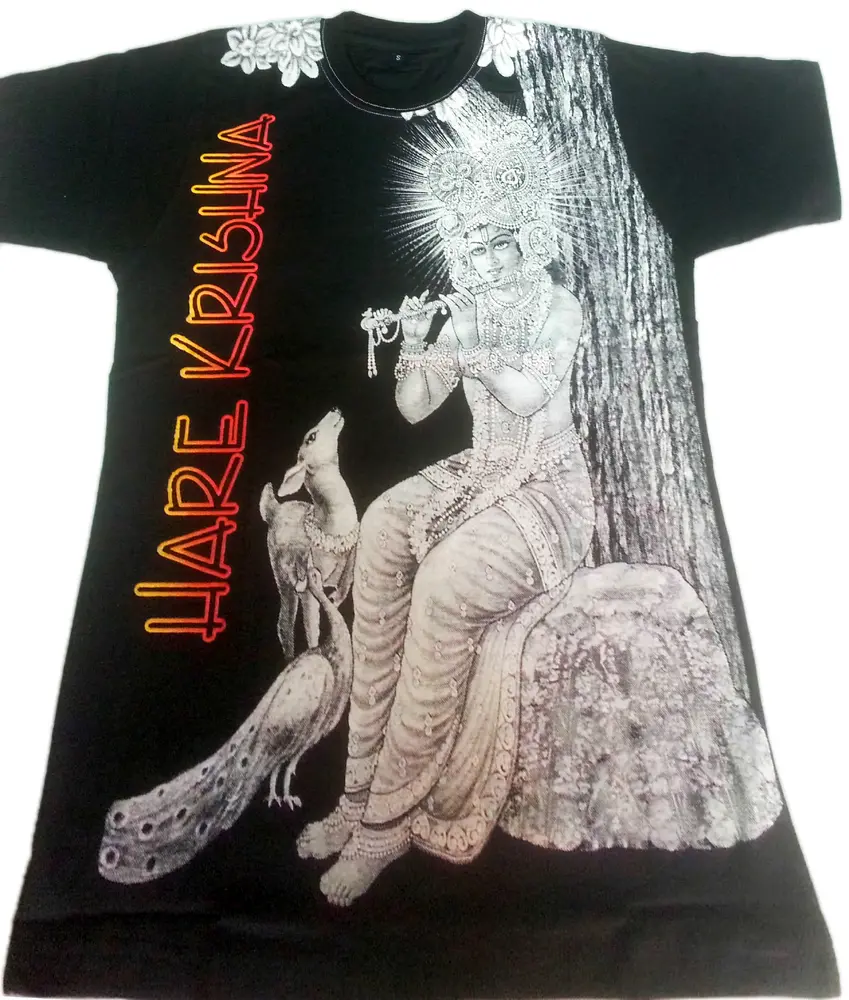 T-Shirt: Black With White Krishna Print and Orange Hare Krishna