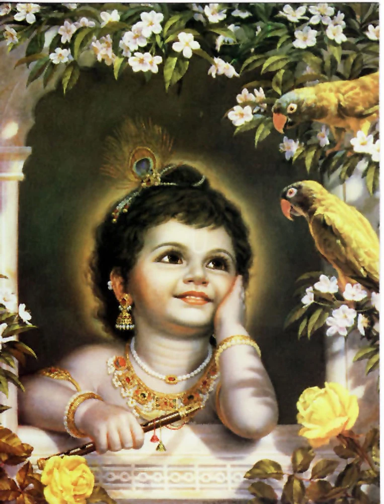 Krishna and Parrots Greeting Card Pack of 10