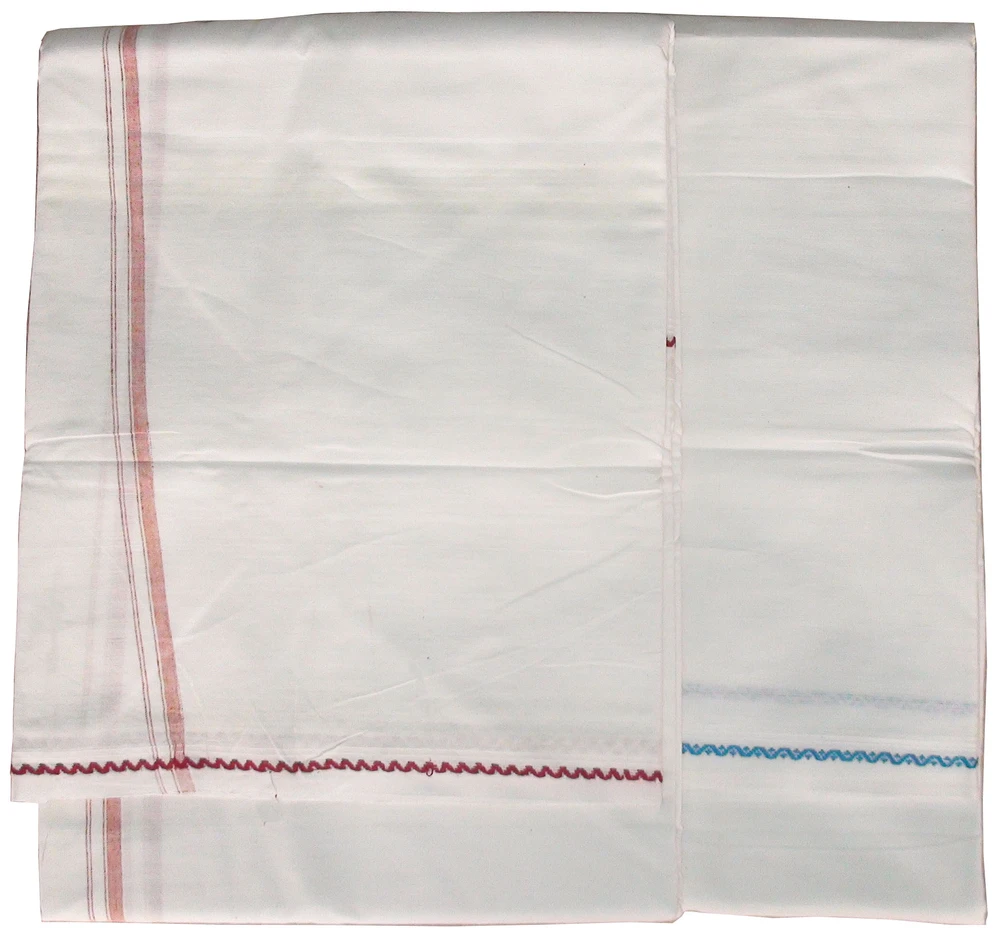 Dhoti White Cotton THICK -- Fancy Narrow Color Borders